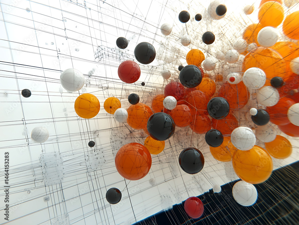Poster abstract 3d rendering of interconnected spheres in vibrant orange, black, and white, suspended withi