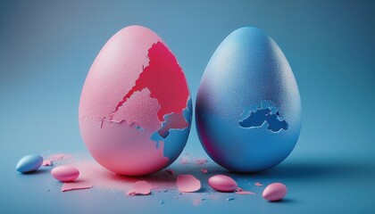 cracked pink and blue easter eggs with textured shell and candy on blue background for branding, web design, and modern spring print media