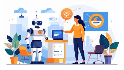 Woman interacting with a robot and computer in a modern office setting using futuristic technology