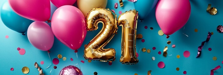 Celebrating Turning Twenty-One Gold 21 Balloons With Pink And Teal Party Decorations And Confetti