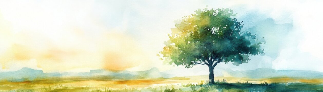 A lone tree stands in a sunlit field, painted in vibrant watercolor tones with a serene sky in the background.