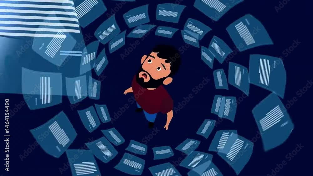Poster man surrounded by floating documents in dark digital space, symbolizing stress, overwhelm, or data o