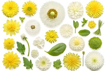 A vibrant collection of yellow and white flowers and foliage, artistically arranged against a stark white background