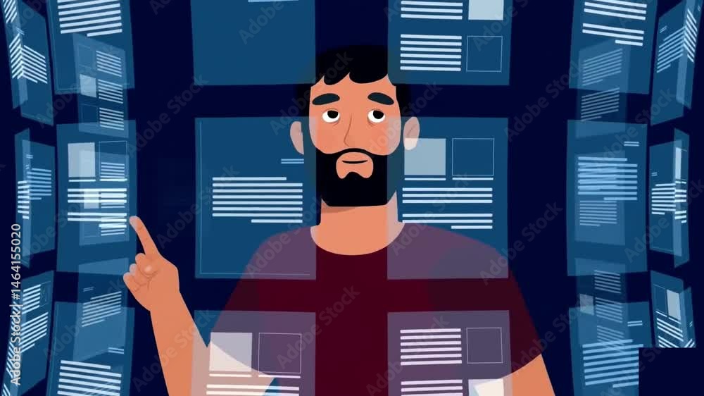 Poster man wearing a medical mask in a dark digital room surrounded by floating files, symbolizing isolatio