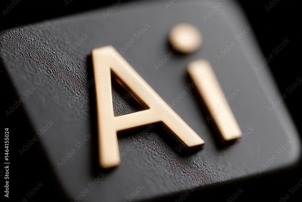 Poster close-up of a sleek metallic ai symbol on textured surface delivering innovation aesthetics reflecti