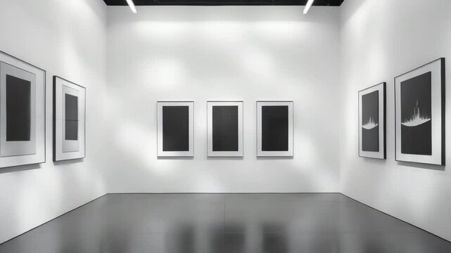 Exhibition room in black & white with three pictures and a white background