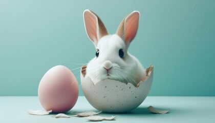 Obraz premium white bunny in cracked eggshell with pastel pink egg on teal background for easter-themed web design, branding, or seasonal print graphic