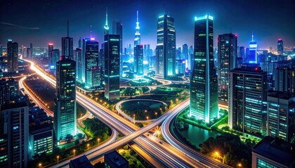 Fototapeta premium City Skyline at Night with Illuminated Road