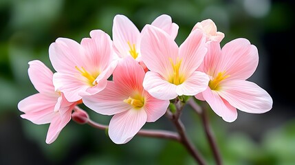 Delicate cluster of pale pink flowers with yellow centers, blooming against a blurred green background