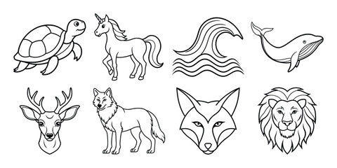 set of vector animals line art on white background