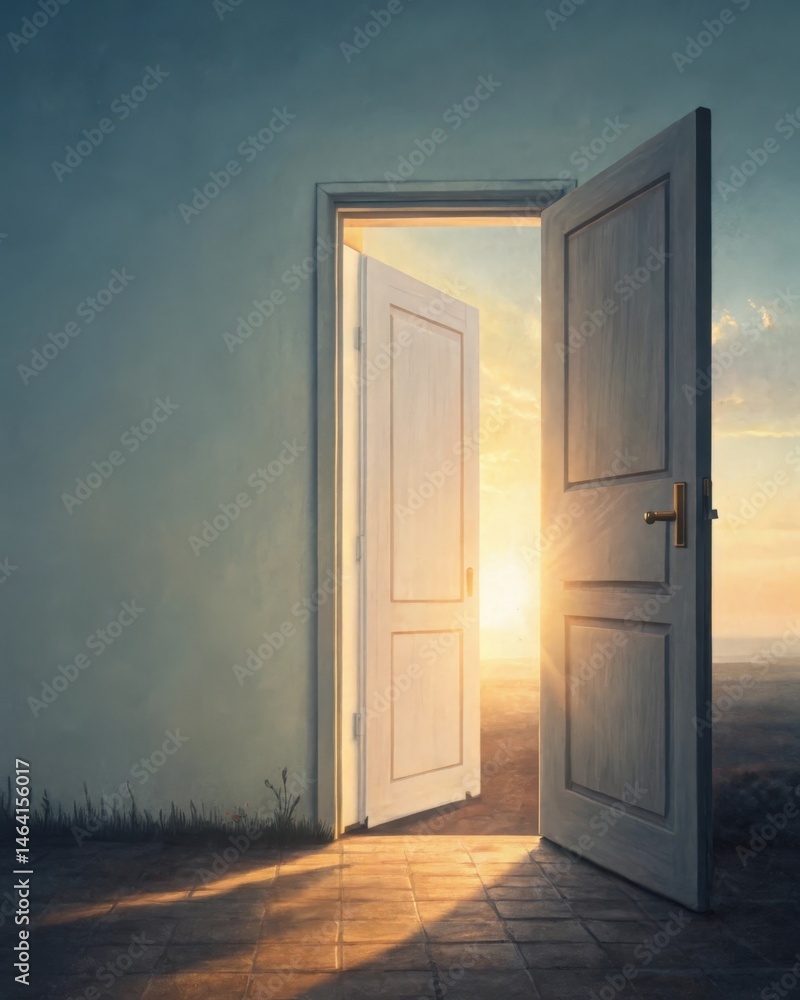 Poster a door slightly ajar with warm light spilling through symbolizing the openness to new experiences an