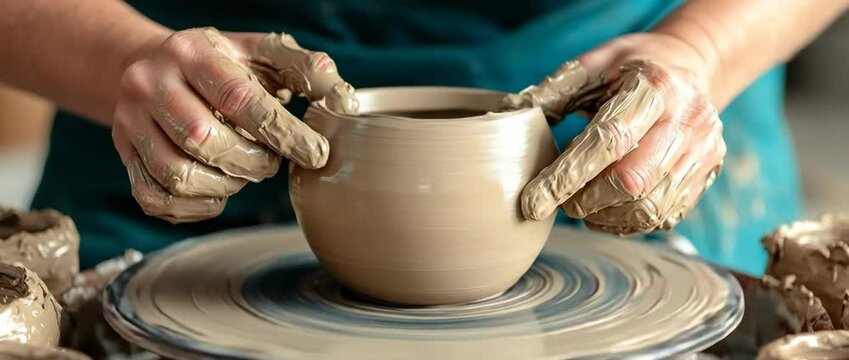Pottery Creation: Capturing the serene process of artistic craftsmanship, a pair of hands meticulously molds wet clay on a pottery wheel, shaping the form of a beautiful ceramic pot.