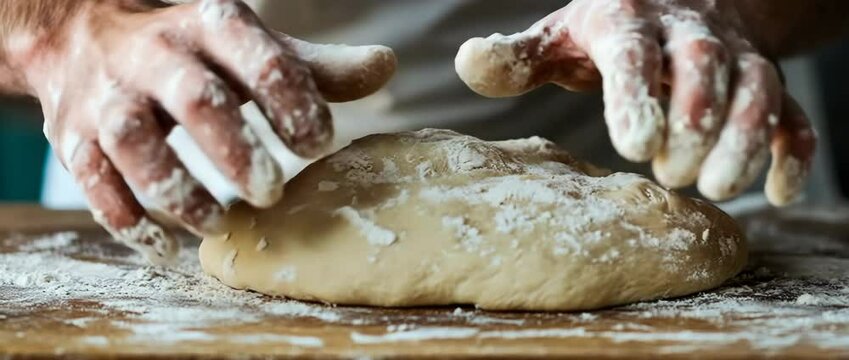 Kneading Dough: Hands work to shape dough, embodying culinary craftsmanship and a touch of warmth, signifying the art of baking and the creation of something delicious.