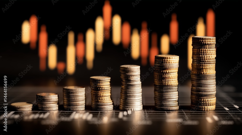 Poster stacks of coins with a financial graph in the background.