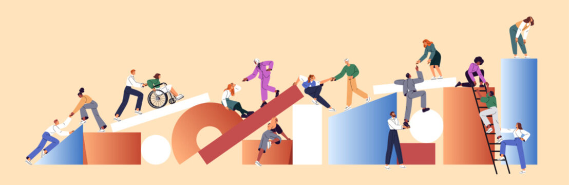 Gender equality, teamwork concept. People climb to the top of geometric shapes together, lend a hand. Team of men, women helps to overcome difficulties, support each other. Flat vector illustration