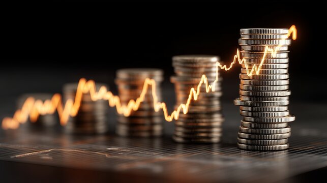 Graph showing rising coins and growth trend in finance.