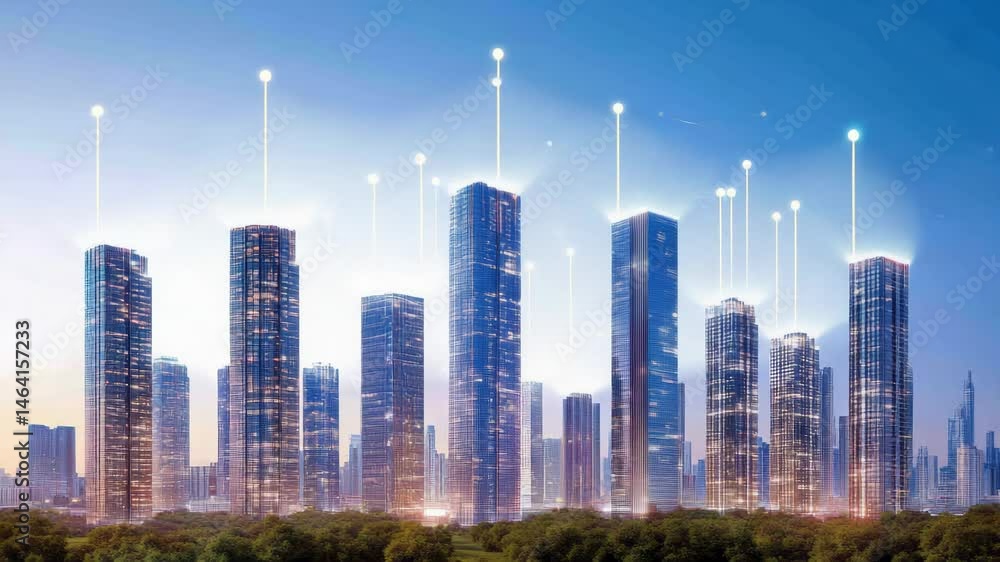 Aufkleber Network connections illuminating skyscrapers at twilight, symbolizing communication and data flow in a smart city environment, with a green urban park in the foreground