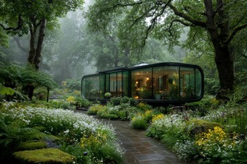 Naklejka premium Vibrant Glass Home Nestled in Lush Garden Surrounded by Nature