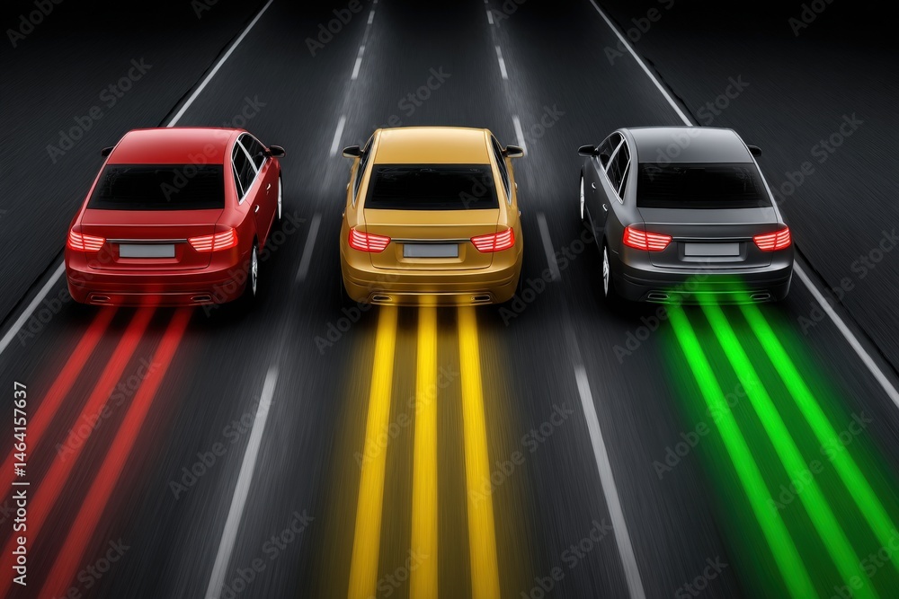 Poster three dynamic cars racing on a dark highway with colorful light trails representing speed motion and