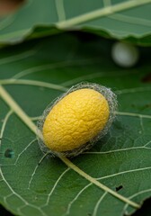 Yellow Silk Cocoon Nestled on a Vibrant Green Leaf Macro Image