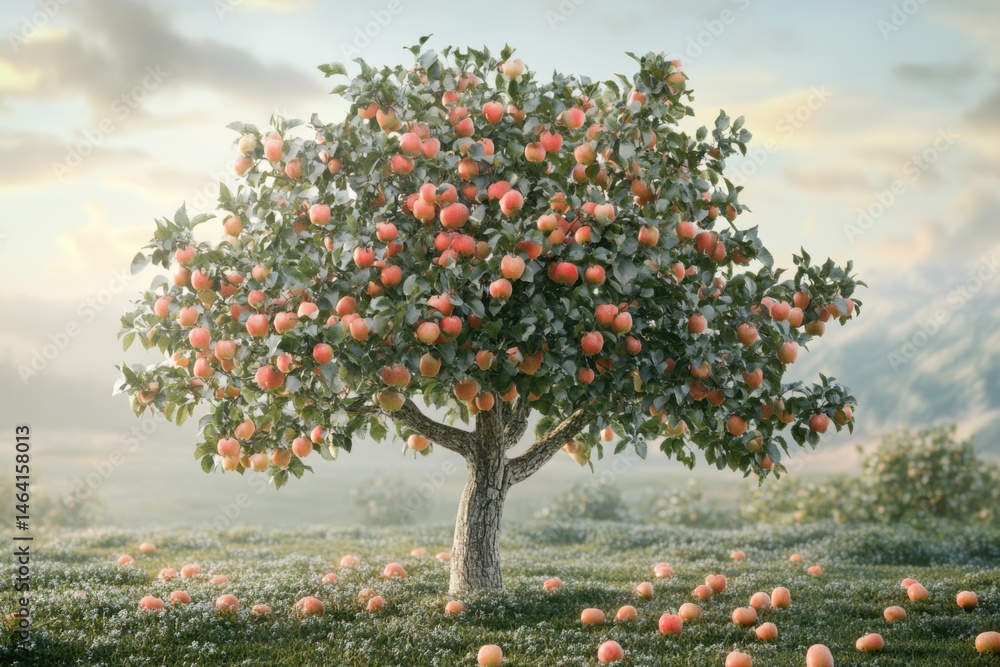 Aufkleber an apple tree laden with ripe red apples standing in a field with fallen apples on the ground below 
