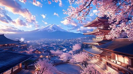 Fototapeta premium Sunrise over a Japanese town, Mount Fuji in background, cherry blossoms in full bloom