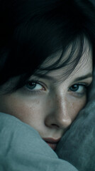 Fototapeta premium Close-up of a young woman's face, partially hidden behind fabric, showcasing freckles and expressive eyes, conveying a mood of quiet contemplation or introspection
