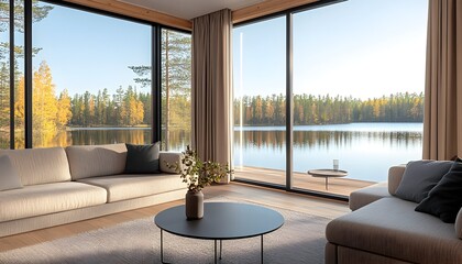Lakeside living room with panoramic lake views