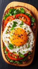 Overhead Shot of Open-Faced Sandwich with Fried Egg, Tomato, and Greens