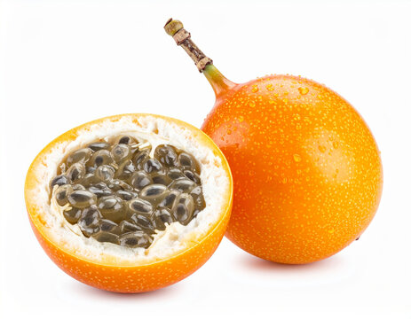 Granadilla showing its seeds with water droplets on white background