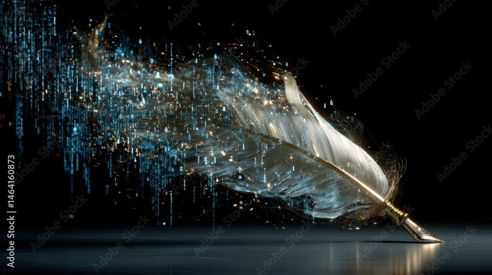 Poster quill pen writes in mid-air as ink transforms into luminous code, merging history and future in arti