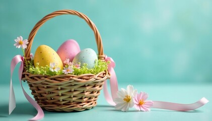Colorful speckled eggs in a spring basket with pastel ribbons , purple, chick, eggs