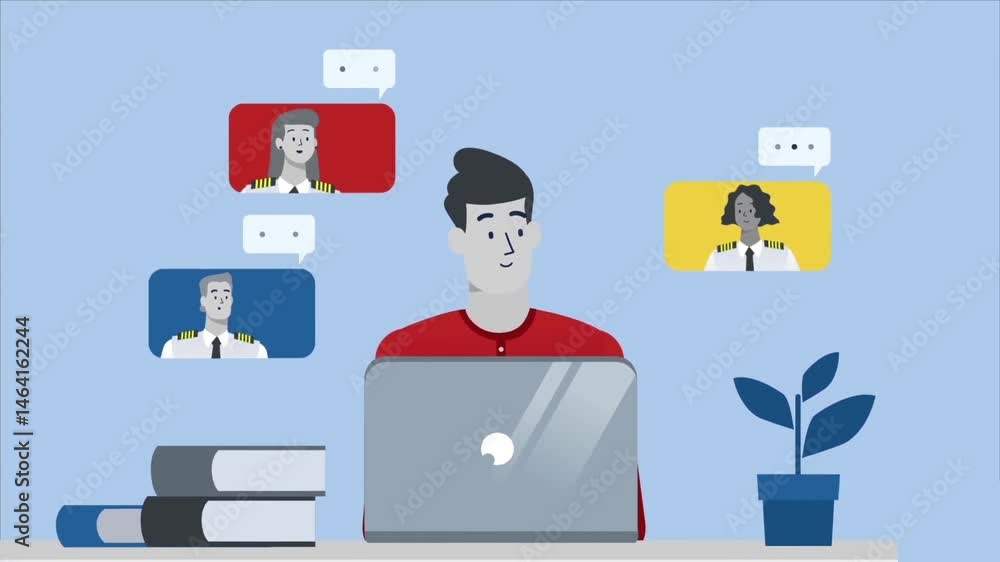 Poster student attending online virtual class with multiple people on video call, representing remote educa