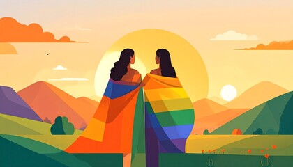 Two Women Wrapped in Pride Flags at Sunset Over Mountains A Lesbian Couple's Peaceful Landscape