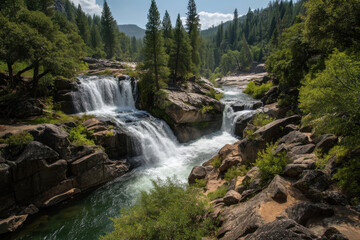 Nature powerful waterfall cascades over rocks in serene green forest landscape