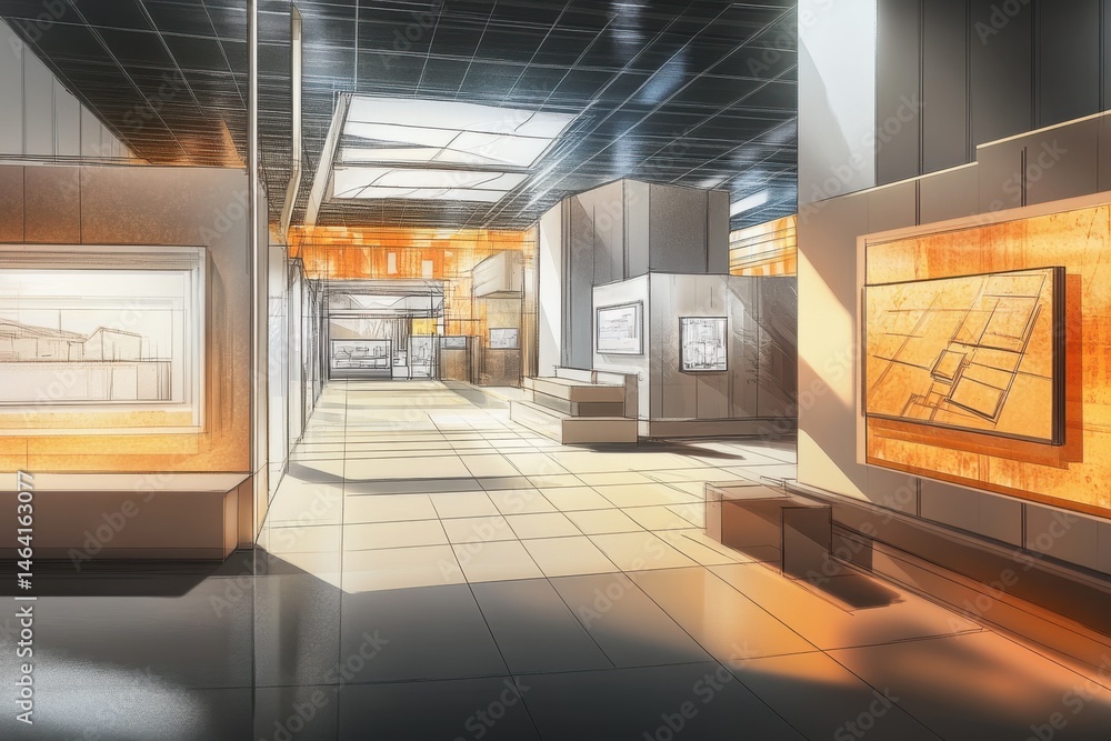 Poster interior view of a modern art gallery with paintings and architectural design elements displayed ins