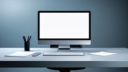Fototapeta premium Flat desktop PC monitor and keyboard on an office desk, showcasing modern digital display technology