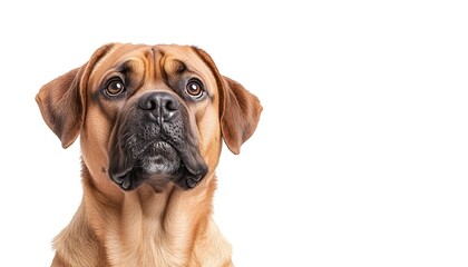 Obraz premium A fawn-colored, large dog with a gentle expression looks upward against a white background