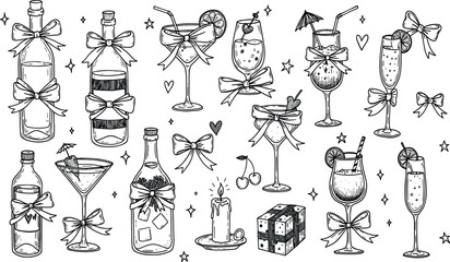 Christmas alcoholic cocktail icon set, vector hand drawn New Year beverage glass kit, wine bottle. Vintage drink doodle collection, coquettish girly martini bar menu design.