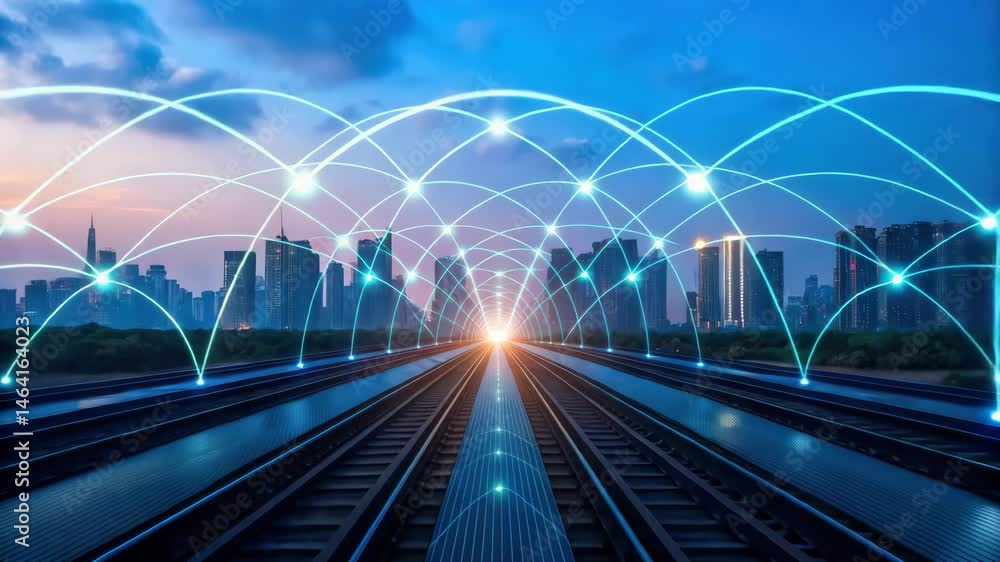 Poster a futuristic railway scene with a glowing horizon and digital connectivity lines intersecting a mode