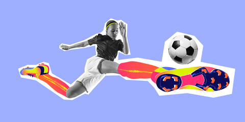 Creative art collage. Female football player leaps forward in striking pose with neon footwear against pastel background. Concept of professional sport, active lifestyle, betting, wellness, game.