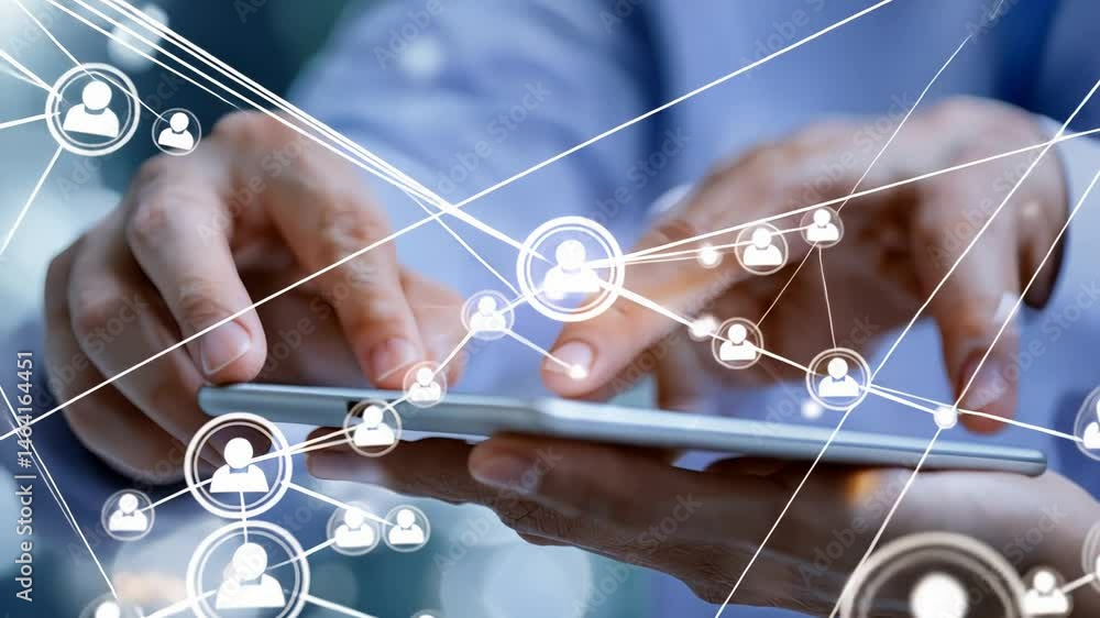 Poster connecting people digitally: hands using smartphone with social media network graphics.