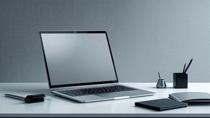Fototapeta premium A sleek silver laptop computer with a mouse on a desk, representing modern office technology and business communication
