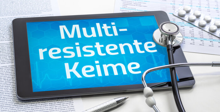 Ein Tablet mit dem Text Multiresistente Keime auf dem Display