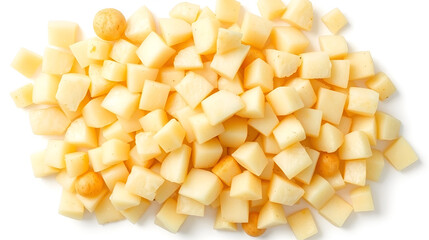 Diced Boiled Potato Pile Isolated Chopped Potatoes Cooked Cubed Potato on White Background Top View :