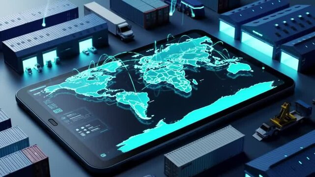 Global Logistics Network: Digital World Map on Tablet Displaying International Trade and Supply Chain Connections - Powered by Adobe