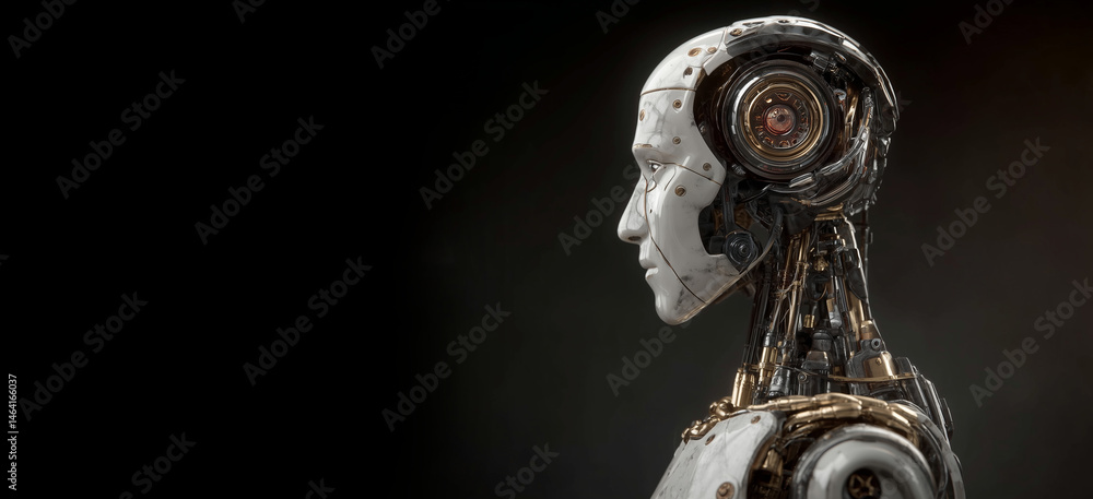 Poster futuristic humanoid robot with intricate mechanical features and sleek design, showcasing advanced t