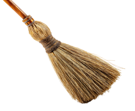 Traditional broom made from natural materials for cleaning purposes on a transparent background, cut out