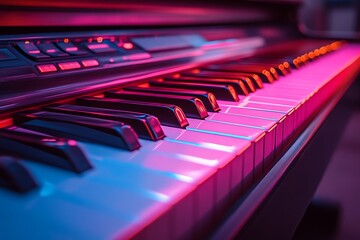 Close up view of a neon lit piano keyboard showing the keys