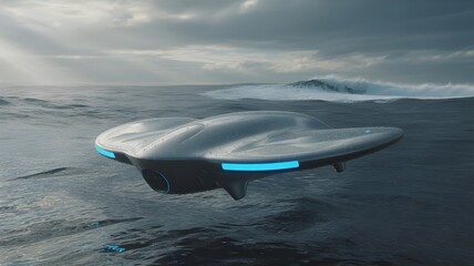 Futuristic Hovercraft Over Stormy Ocean with Blue Neon Lights - Sci-Fi Design